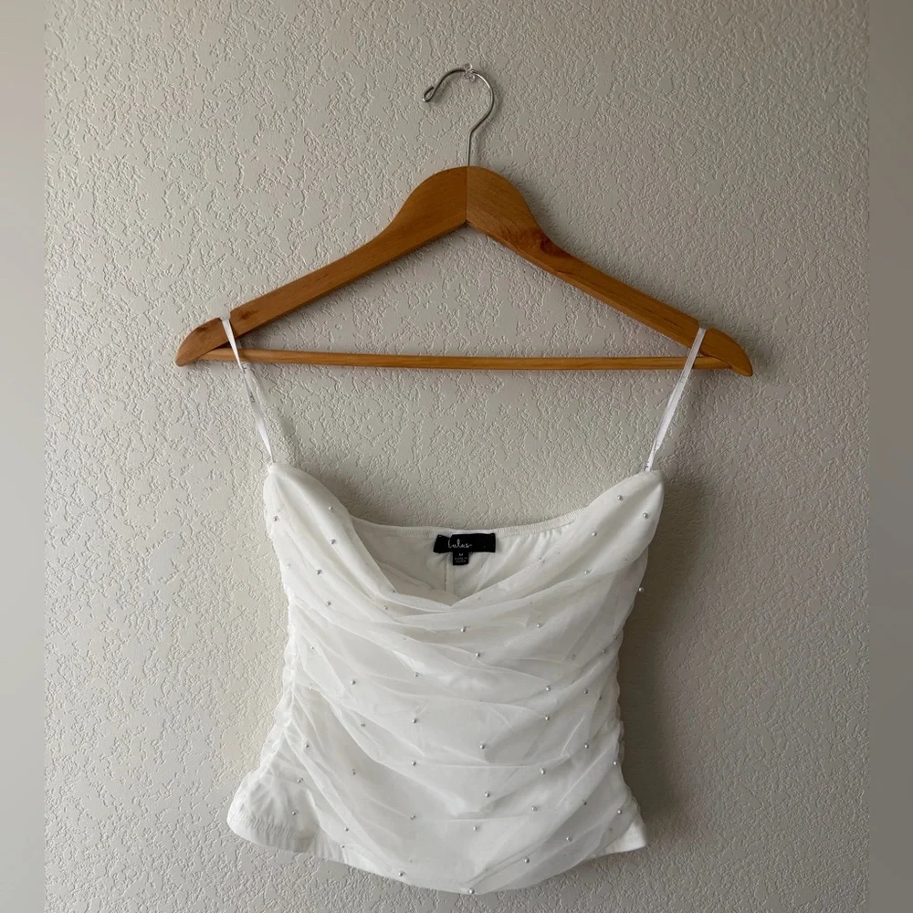 Lulu's White Mesh Pearl Strapless Crop Top - Picture 1 of 4